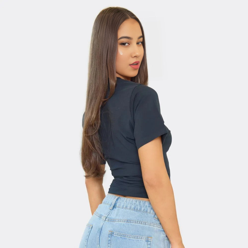 Short Sleeve Shaped Waist Fitted T-Shirt In Navy Blue