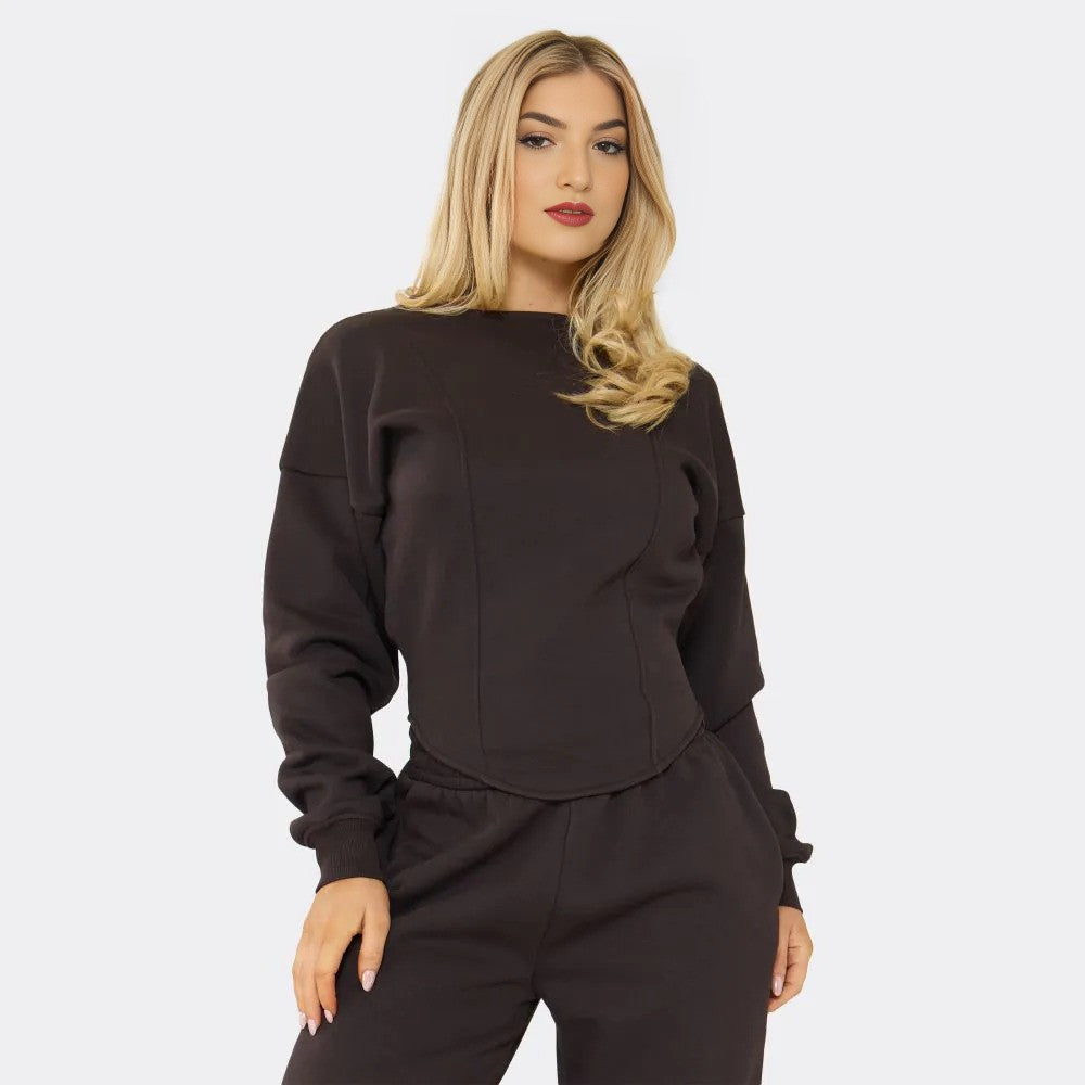 Chocolate Brown Balloon Sleeve Sweatshirt & Wide Leg Joggers Set