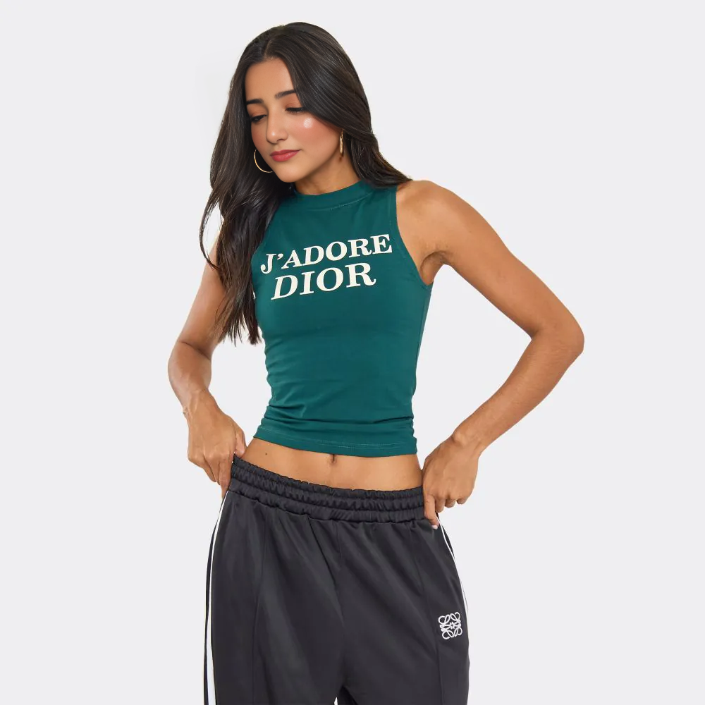 Racer Neck Slogan Print Detail Vest Top In Green
