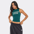 Racer Neck Slogan Print Detail Vest Top In Green
