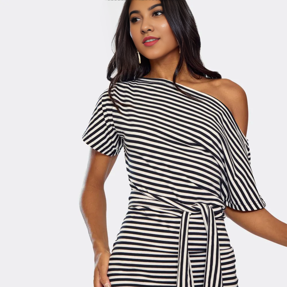 Off The Shoulder Belt Detail Mini Dress In Black Stripe –