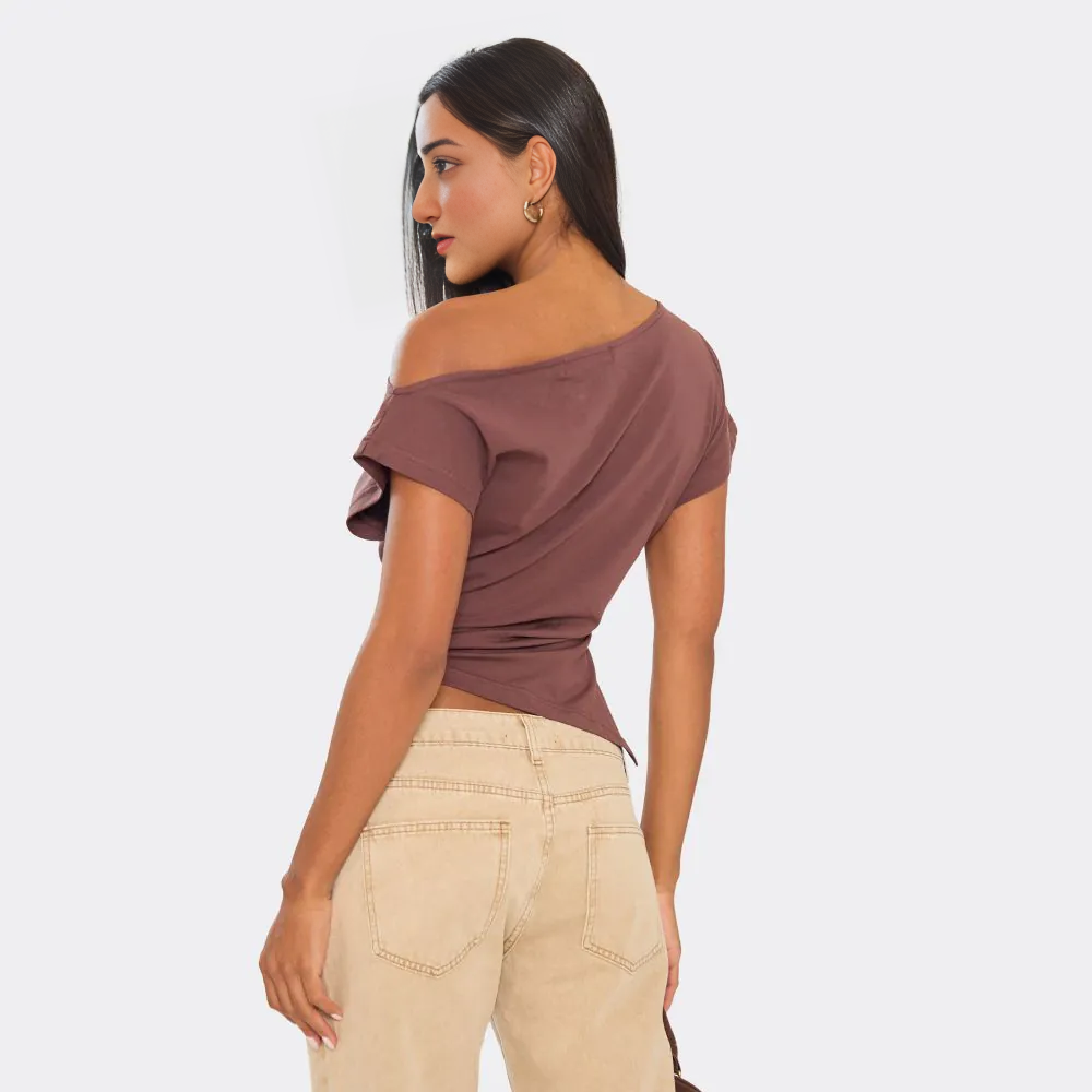 Slash Neck Asymmetric Dipped Hem T-Shirt In Chocolate Brown
