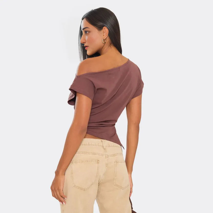 Slash Neck Asymmetric Dipped Hem T-Shirt