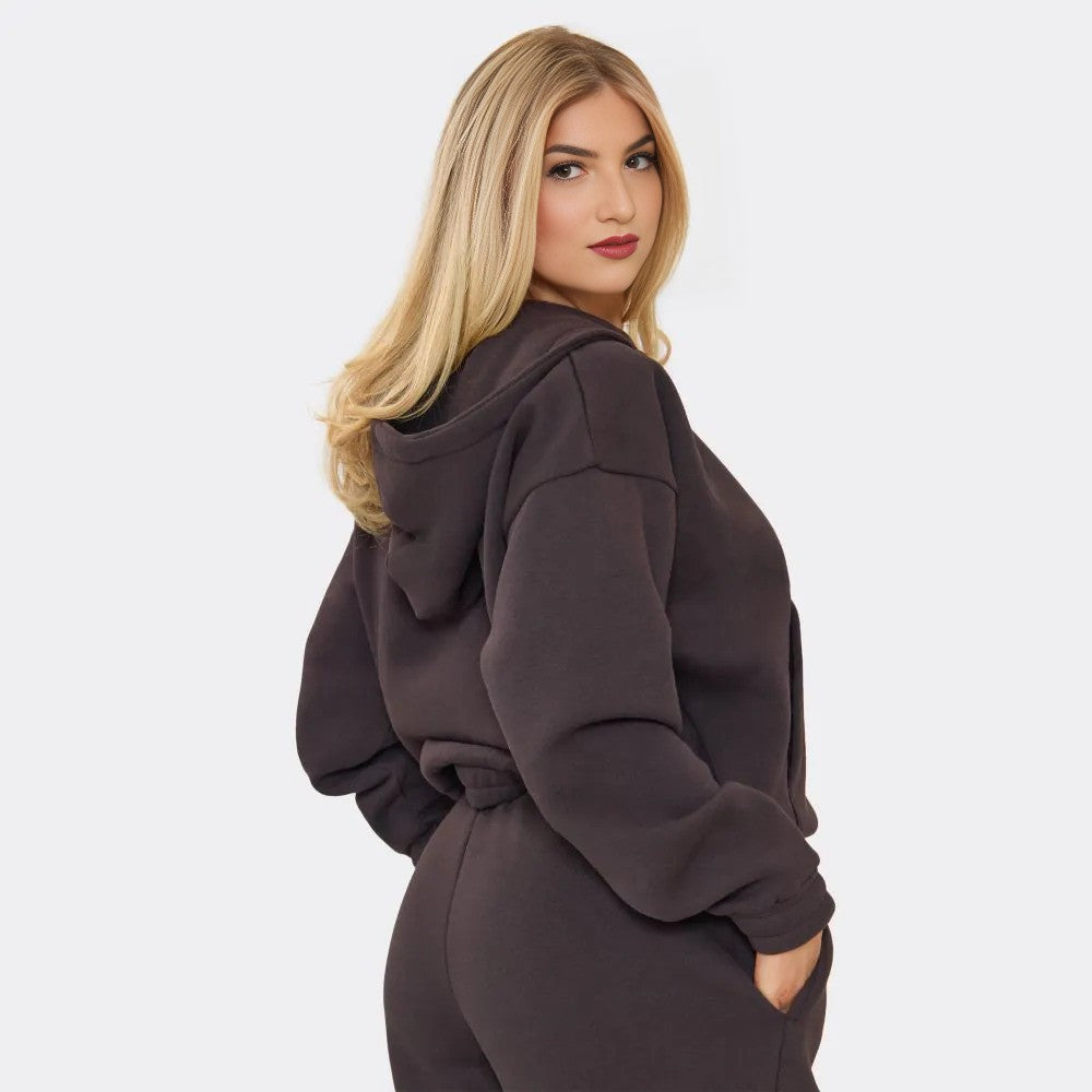 Chocolate Brown Embroidered Swirl Logo Zip Up Hoodie & Wide Leg Joggers Set