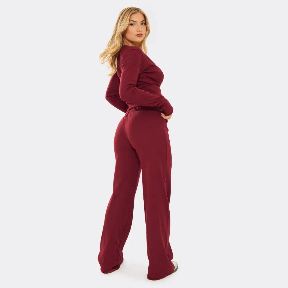 Ribbed Button Up Fitted Top & Drawstring Straight Leg Trousers Co-Ord Set – Burgundy