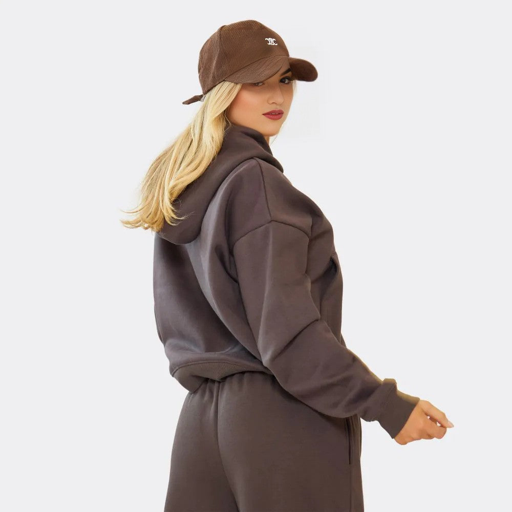 Chocolate Brown Wide Leg Joggers & Boxy Zip-Up Hoodie Set