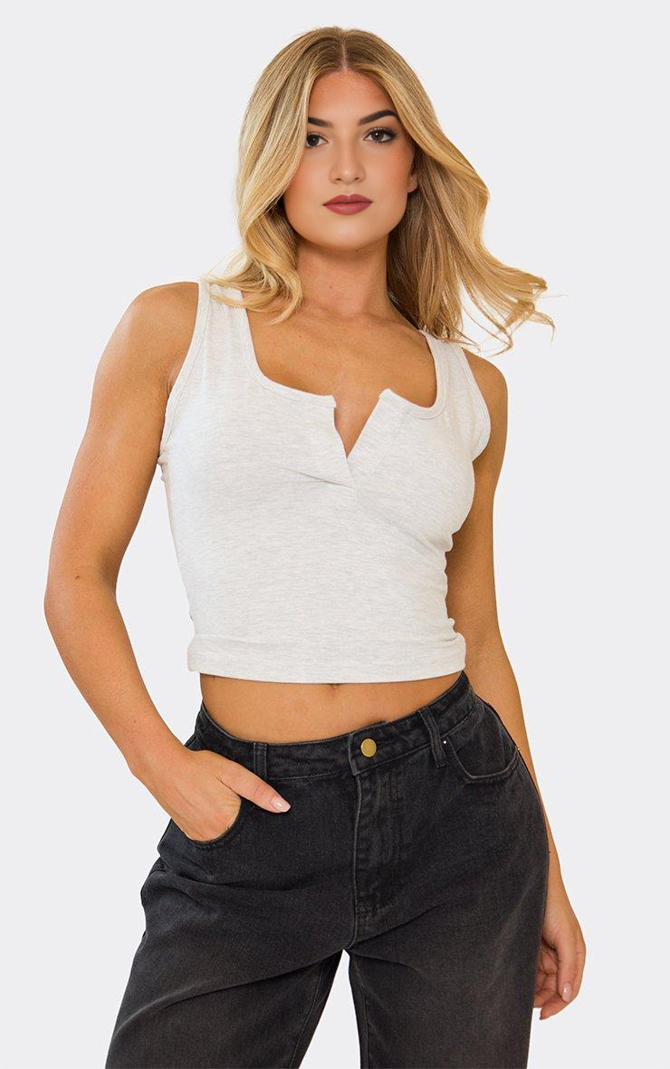 Square Neck Placket Detail Crop Top In Grey Marl