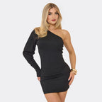 Black One-Shoulder Ruched Bodycon T-Shirt Dress