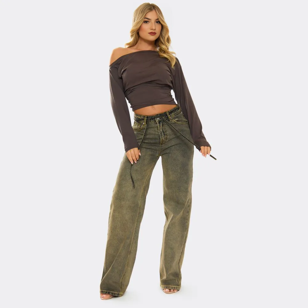 Slash Neck Long Sleeve Cinched Waist Detail T-Shirt In Brown