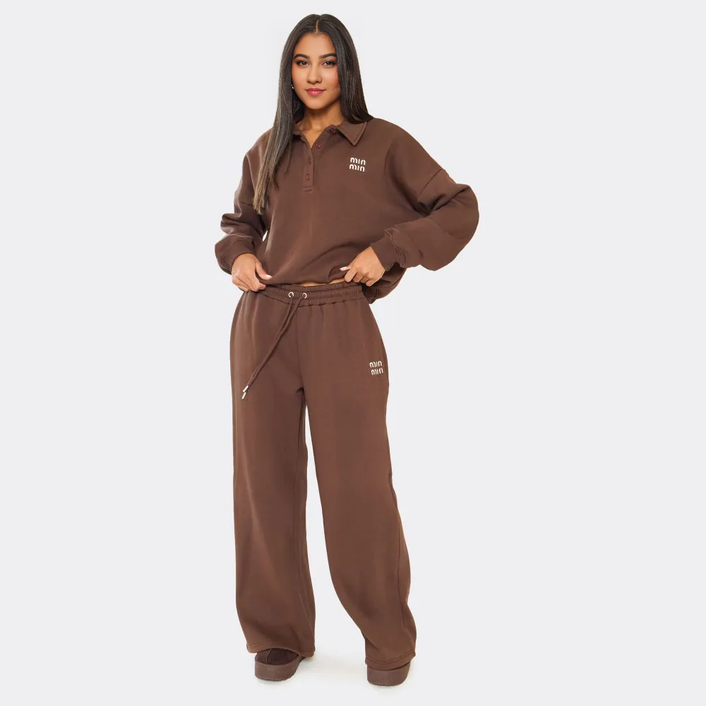Chocolate brown ‘Min Min’ embroidered polo sweatshirt paired, comfy co-ord look