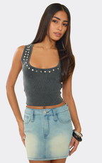 Scoop Neck Stud Detail Vest Top In Washed Grey Rib