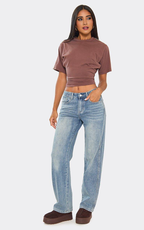 Short Sleeve Cinched Waist Fitted Contrast Stripe Detail T-Shirt In Brown