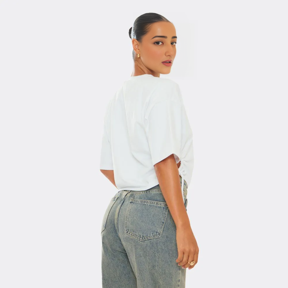 Tie Side Cut Out Detail Oversized T-Shirt – White