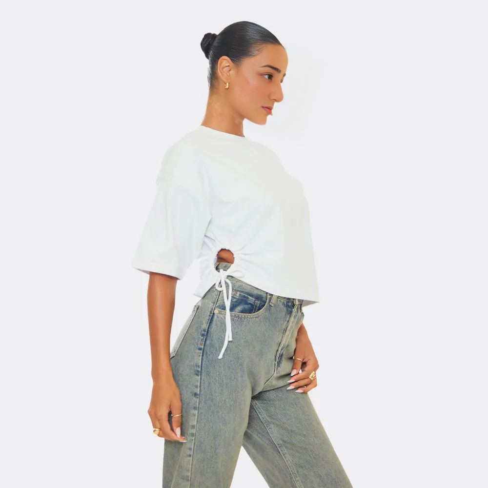 Tie Side Cut Out Detail Oversized T-Shirt – White