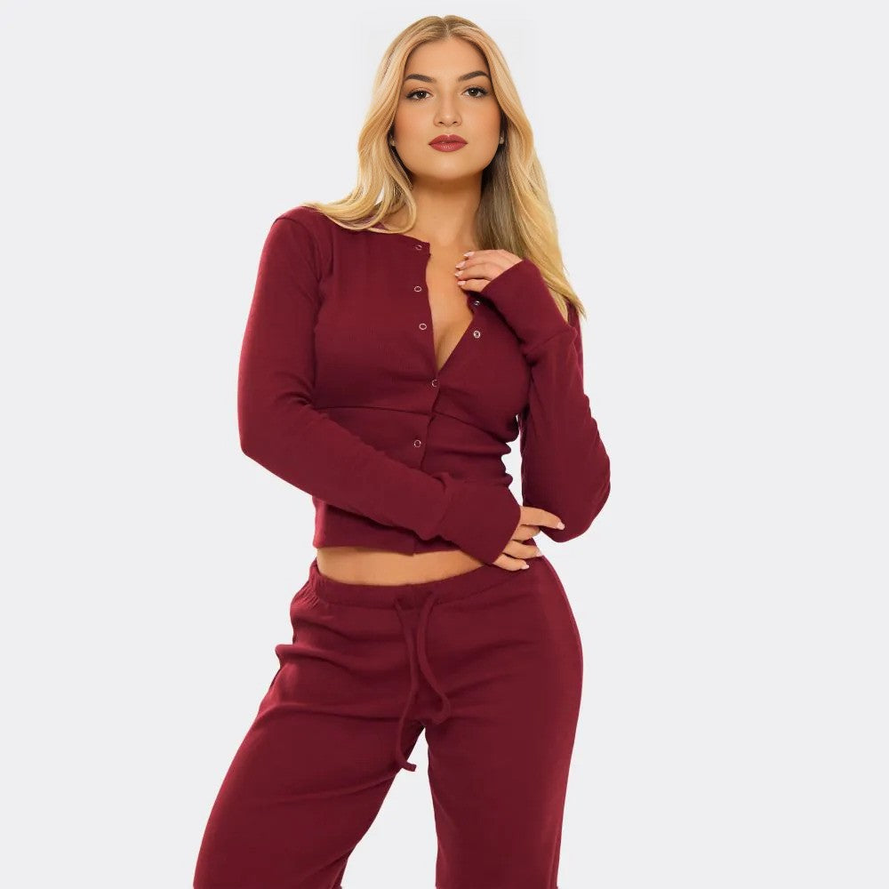 Ribbed Button Up Fitted Top & Drawstring Straight Leg Trousers Co-Ord Set – Burgundy