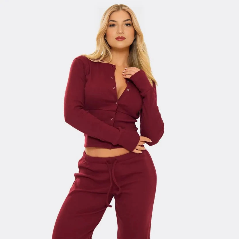Ribbed Button-Up Top & Straight Leg Trousers Set