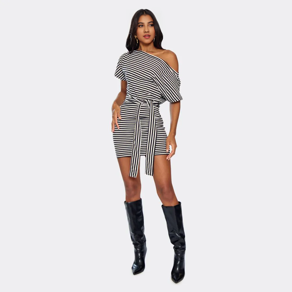 Off The Shoulder Belt Detail Mini Dress In Black Stripe