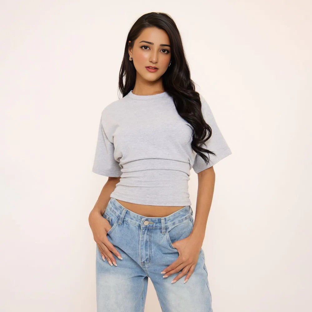 Short Sleeve Shaped Waist Fitted T-Shirt In Grey