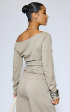 Asymmetric Cinched Waist Top & Wide Leg Joggers Co-ord Set In Taupe