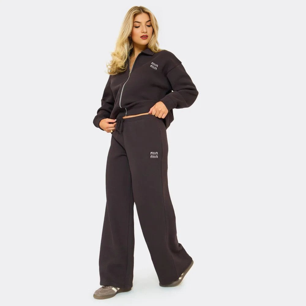 Chocolate Brown ‘Min Min’ Zip-Up Sweatshirt & Wide Leg Joggers Set