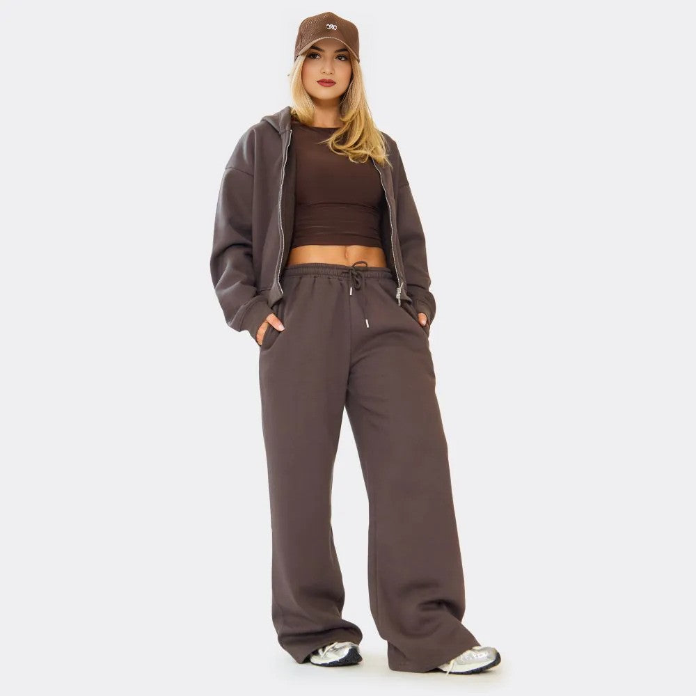 Chocolate Brown Wide Leg Joggers & Boxy Zip-Up Hoodie Set