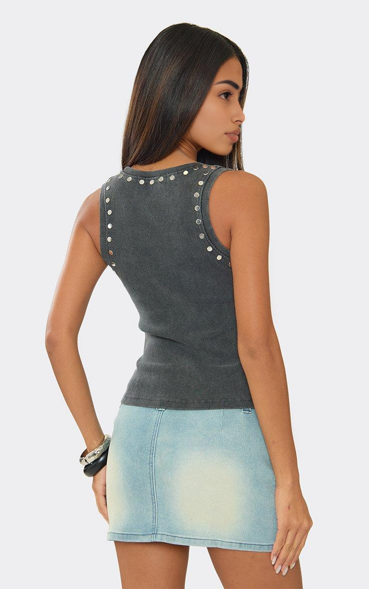Scoop Neck Stud Detail Vest Top In Washed Grey Rib