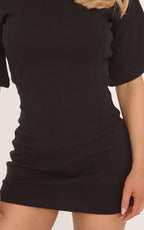 Short Boxy Sleeve Shoulder Pad Seam Detail Sweat Mini Dress In Black