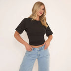 Short Sleeve Shaped Waist Fitted T-Shirt In Black