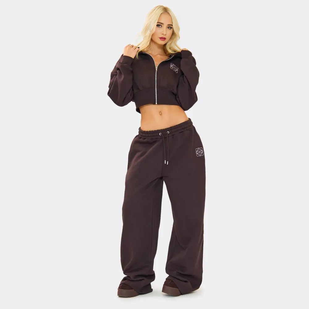Swirl Graphic Cropped Hoodie & Tie Waist Joggers – Chocolate Brown Co-Ord Set