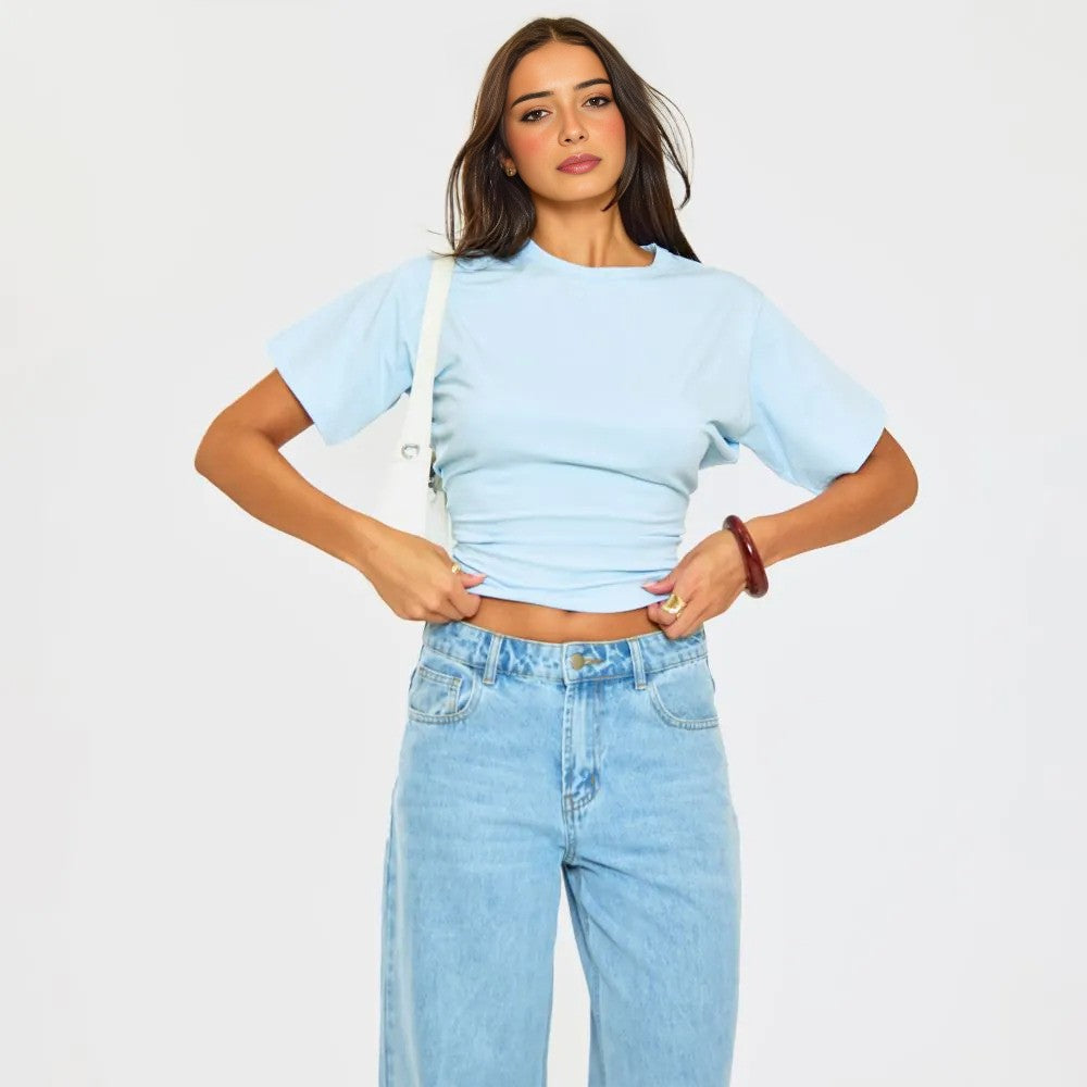 Short Sleeve Shaped Waist Fitted T-Shirt In Sky Blue