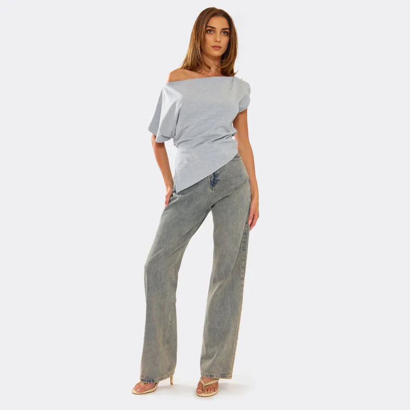 Slash Neck Asymmetric Dipped Hem T-Shirt