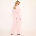 Ribbed Button Up Fitted Top & Drawstring Straight Leg Trousers Co-Ord Set – Pink