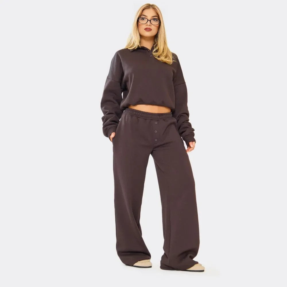 Brown - Marl Polo Sweatshirt & Wide Leg Joggers – effortless comfort meets style