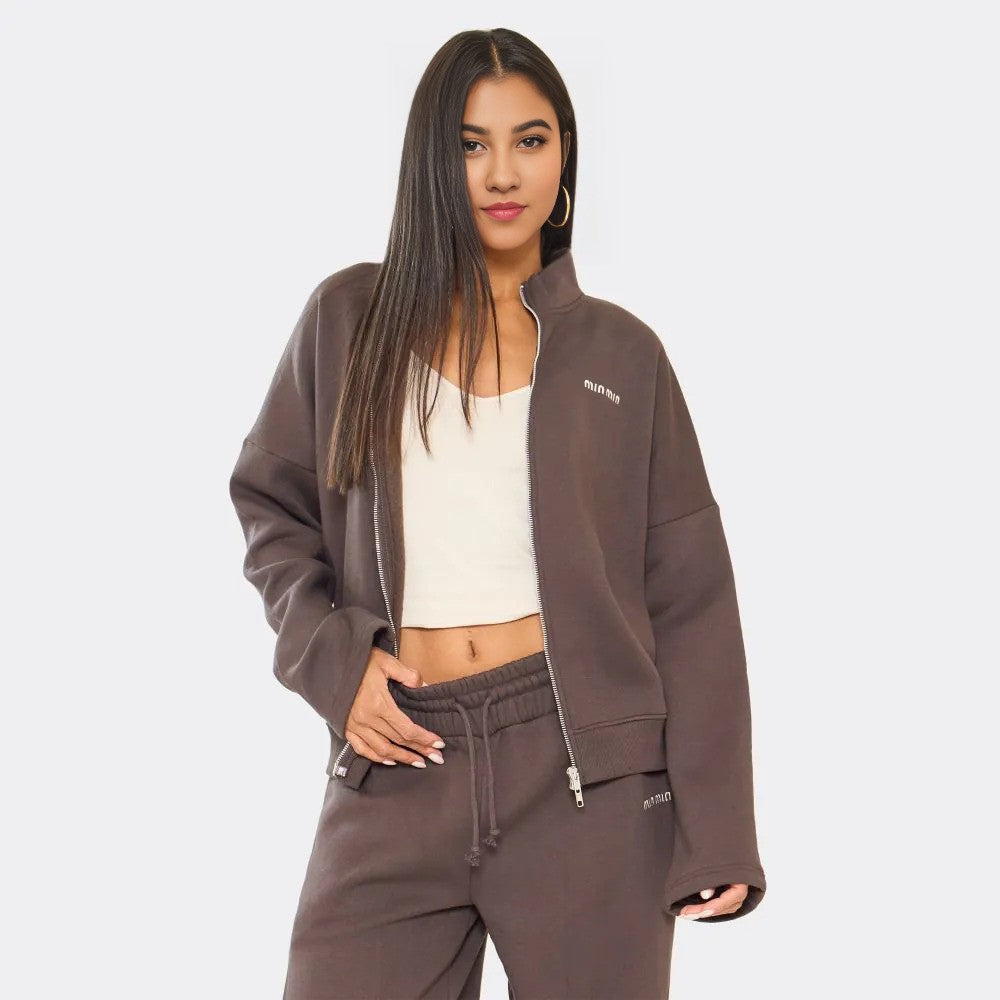Min Min Embroidered Zip-Up Jacket & Wide Leg Joggers Co-Ord Set In Chocolate Brown