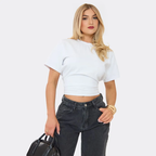 Short Sleeve Shoulder Pad Cinched Waist Detail Fitted T-Shirt – White