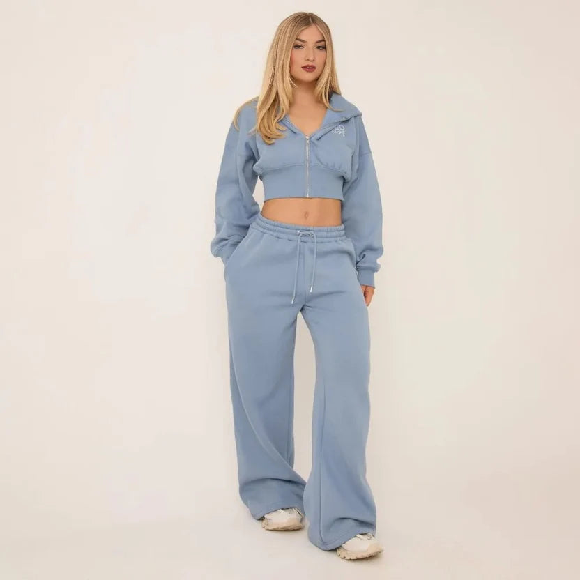 Swirl Graphic Zip-Up Cropped Hoodie & Wide-Leg Jogger Set