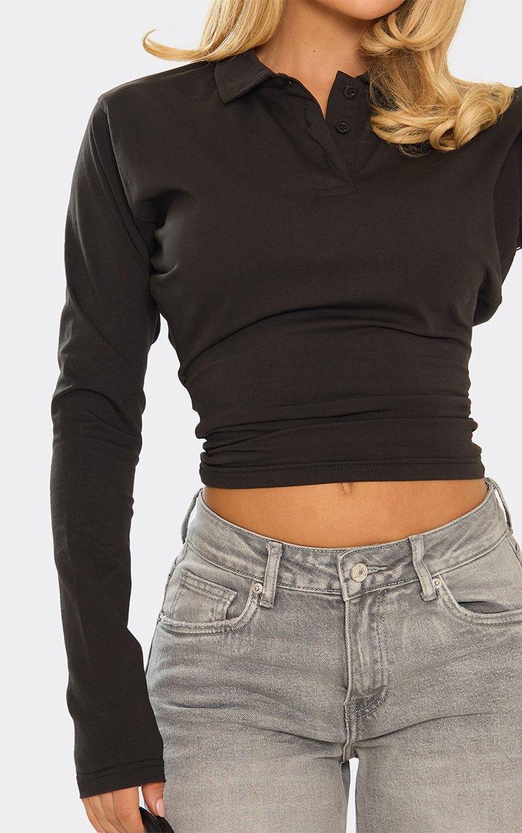 Long Sleeve Cinched Waist Button Down Polo Top In Black
