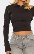 Long Sleeve Cinched Waist Button Down Polo Top In Black
