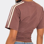 Short Sleeve Cinched Waist Fitted Contrast Stripe Detail T-Shirt In Brown