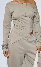 Asymmetric Cinched Waist Top & Wide Leg Joggers Co-ord Set In Taupe