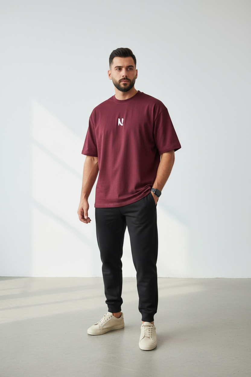 Drop Shoulder Graphic T-Shirt In Maroon – 100% Cotton