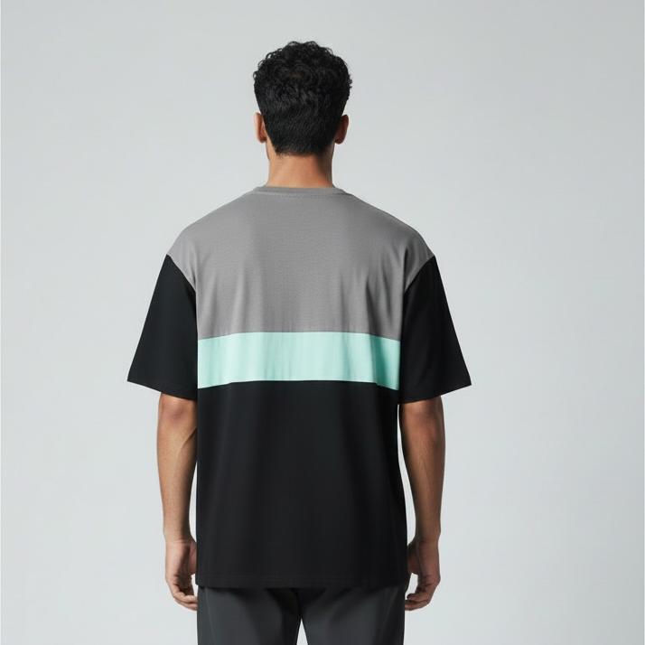 Premium Colorblock T-Shirt For Men – Grey & Black With Mint Stripe
