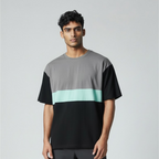 Premium Colorblock T-Shirt For Men – Grey & Black With Mint Stripe
