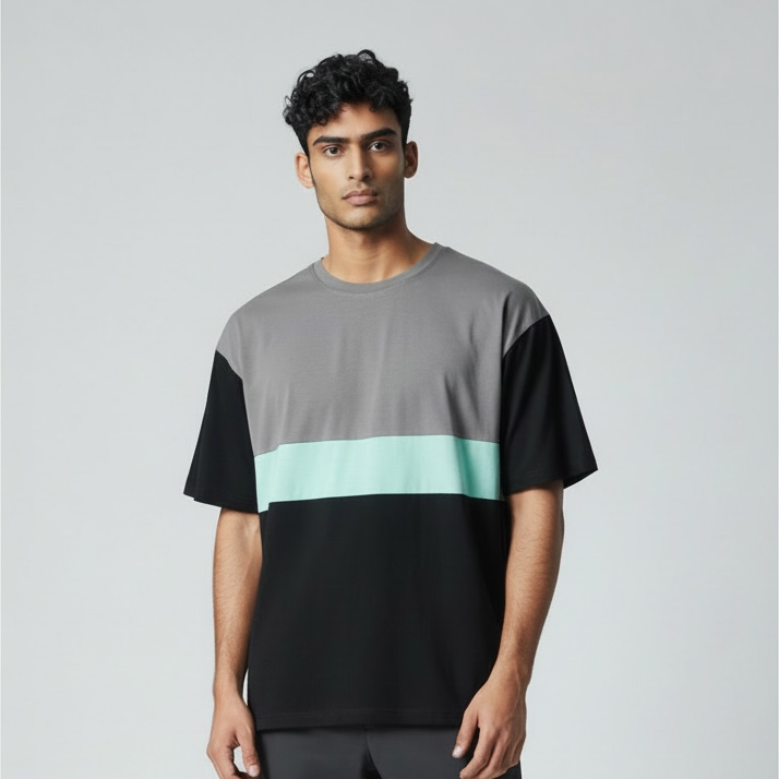 Premium Colorblock T-Shirt For Men – Grey & Black With Mint Stripe