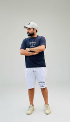 Men’s White Cotton Terry Shorts with Navy Monaco Print
