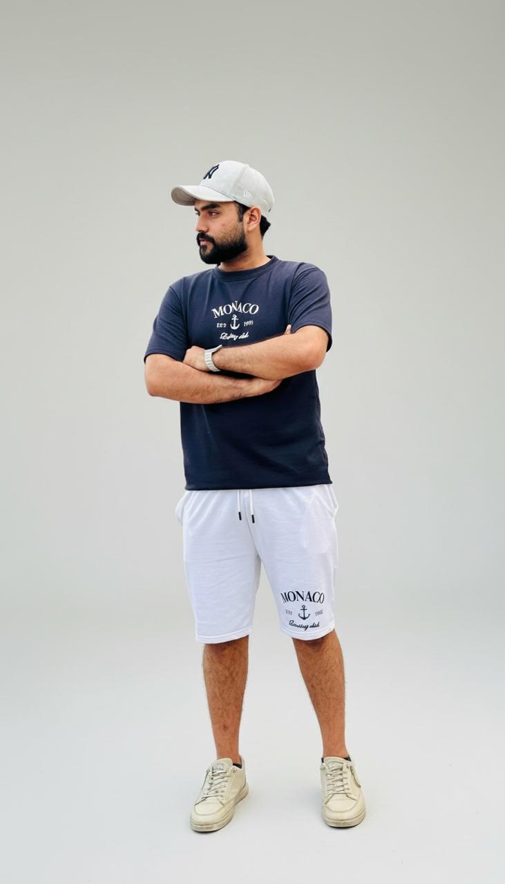 Men’s White Cotton Terry Shorts with Navy Monaco Print