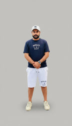 Men’s White Cotton Terry Shorts with Navy Monaco Print