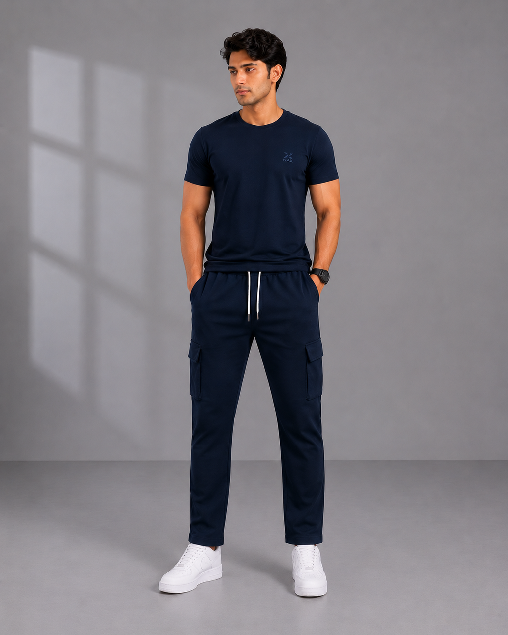 Premium Navy Cargo Trousers Set – 100% Jersey Cotton T-Shirt & Terry Cotton Trousers