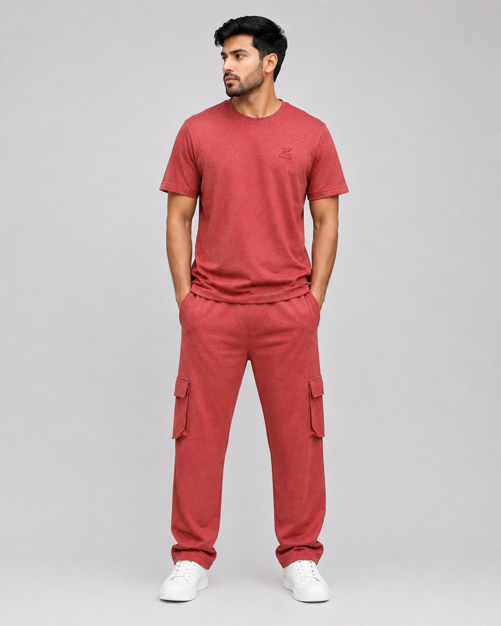 Men's Premium Cotton T-Shirt & Cargo Trouser In Brick Red