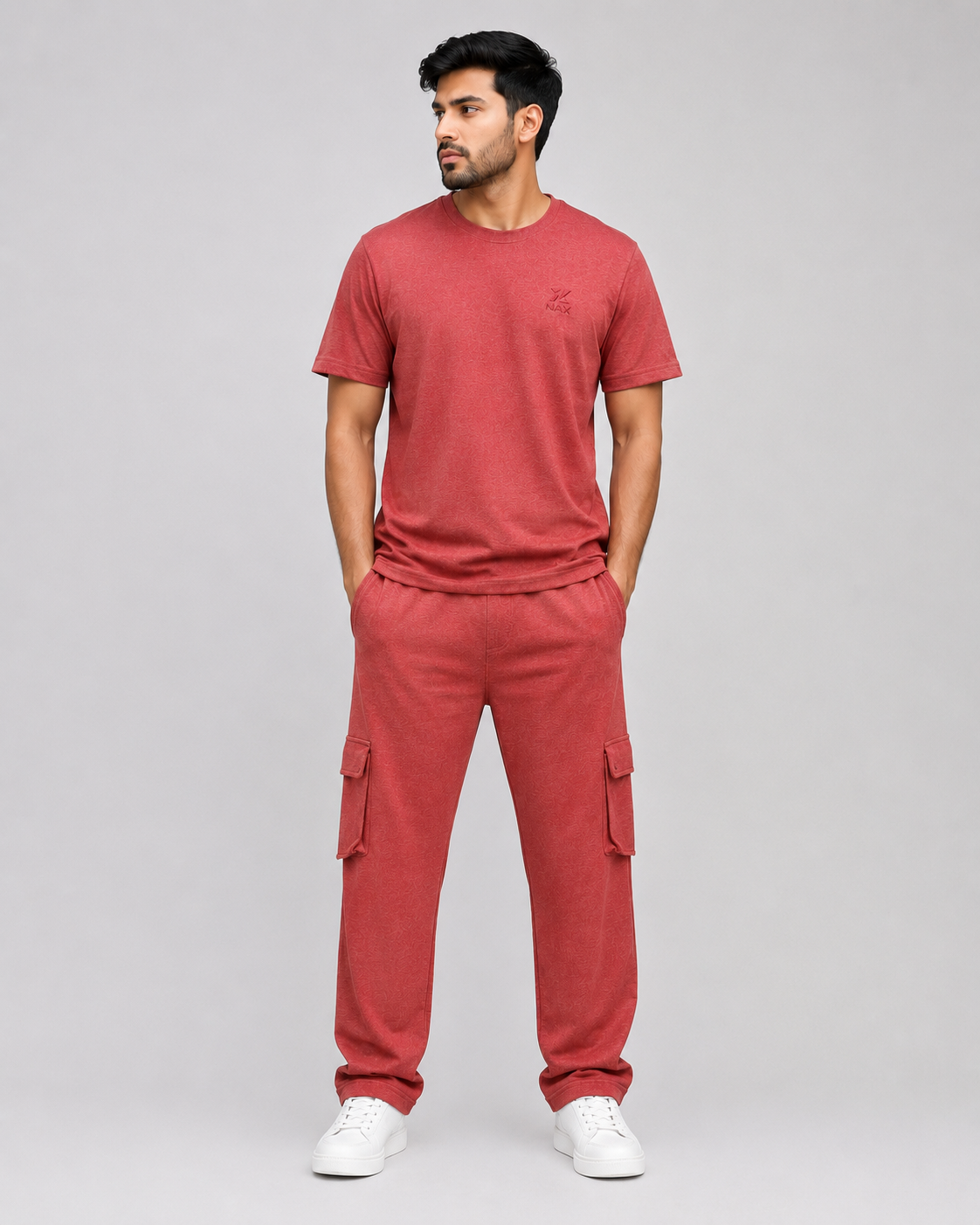 Men's Premium Cotton T-Shirt & Cargo Trouser In Brick Red